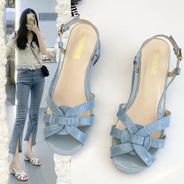 

sandals women's summer 2021 style korean fish mouth one-word buckle thick heel shoes, Black