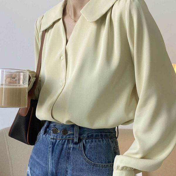 

vintage lantern sleeve peter pan collar shirt women's spring summer solid single-breasted loose chiffon blouses female 210607, White