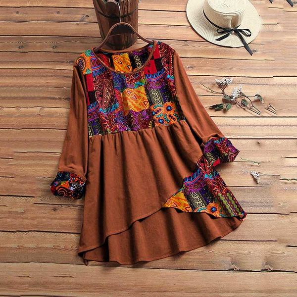 

l 5xl 2021 spring patchwork tunic women long sleeve blouse zanzea vintage print cotton asymmetrical shirts female chemise, White