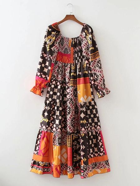 

casual dresses 2021 vintage print women long dress puff sleeve elastic ruched party feminine loose pleated autumn, Black;gray