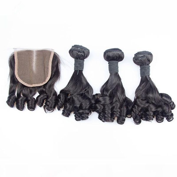 

4pcs lot virgin peruvian aunty funmi human hair weaves with 4x4 lace closure romance curls funmi hair 3bundles with closure middle part, Black
