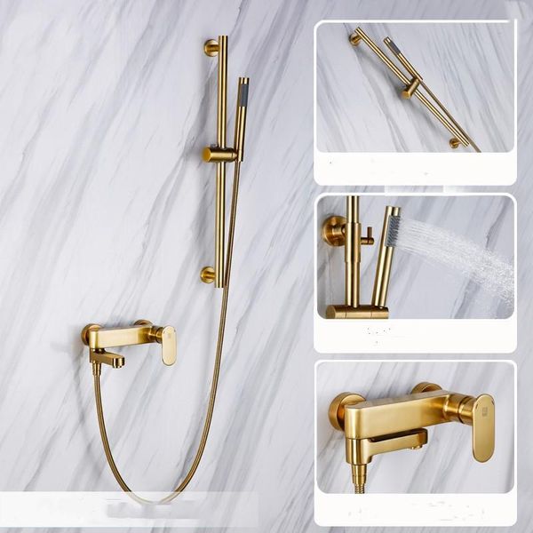 

luxury brushed gold brass bathroom shower faucet set cold water mixer shower head set foldable faucet spout with slide bar