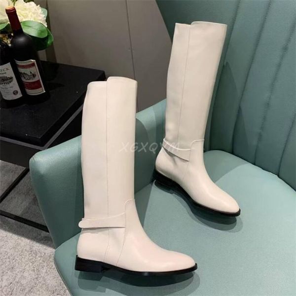 

boots genuine leather women winter long ladies knee high flat shoes metal decor belt buckle zip, Black