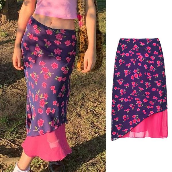 

skirts women high waist vintage plum blossom floral printed a-line chiffon midi long skirt asymmetric patchwork hem harajuku slim k4ub, Black