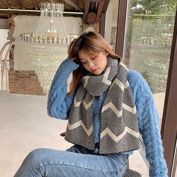 

autumn and winter korean water ripple scarf female student couple imitation cashmere versatile warm knitted wool bib male, Blue;gray