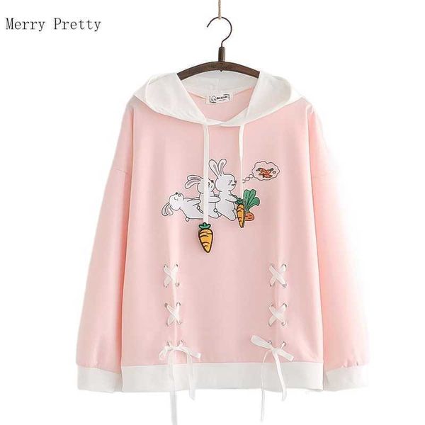 

harakuju rabbit print casual hooded sweatshirt women summer drawstring lace up cotton hoodies korean female kawaii cute 210526, Black