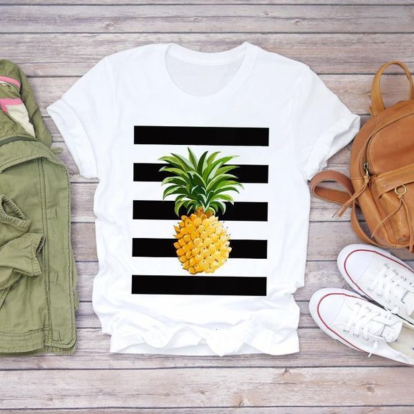 

women cartoon striped pineapple cute printing fashion ladies print lady t-shirts womens graphic t shirt female tee t-shirt, White