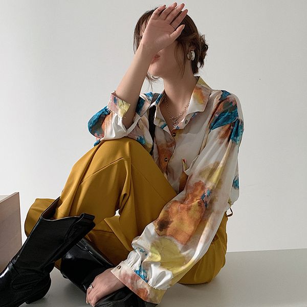 

2021 new autumn oversized shirt long sleeve blouse women button up oil painting loose korean fashion clothing 085p, White