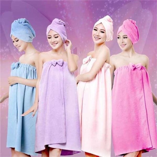

towel bath set women's cute bowknot quick-dry spa wraps shower cap bathrobe