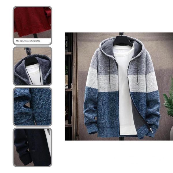 

men's jackets men hooded coat drawstring stylish long sleeve color block cardigan sweater, Black;brown
