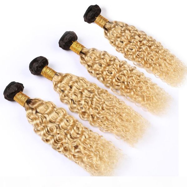 

ombre blonde virgin hair weaves dark root water wave human hair extensions #1b 613 blonde ombre malaysian wet and wavy human hair 4bundles, Black