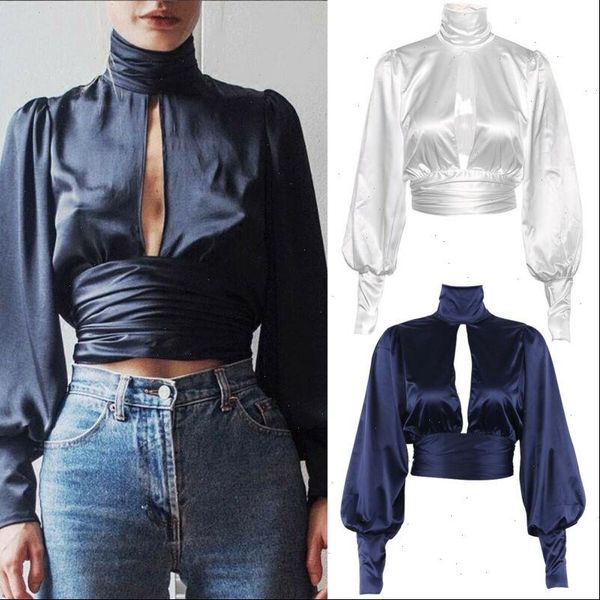 

women fashion long sleeve office lady satin blouse shirt ladies turtle neck backless bandage, White