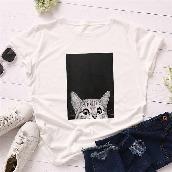 

fashion women t shirts summer short sleeve lovely cat print girls ladies t-shirts women clothes super soft dropshipping, White