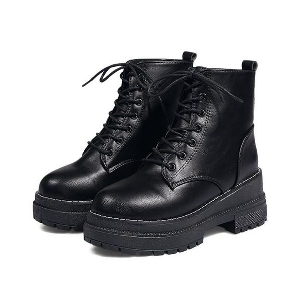 

boots 2021 women plush warm lace up winter women's shoes ladies sewing pu leather platform female block heels footwear, Black