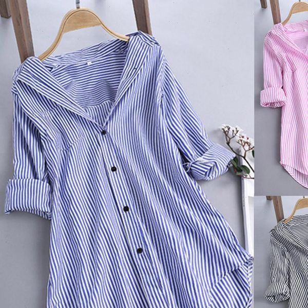 

women shirts stripe cotton long sleeve turn down collar pink button loose temperament elegant summer blouse shirts, White