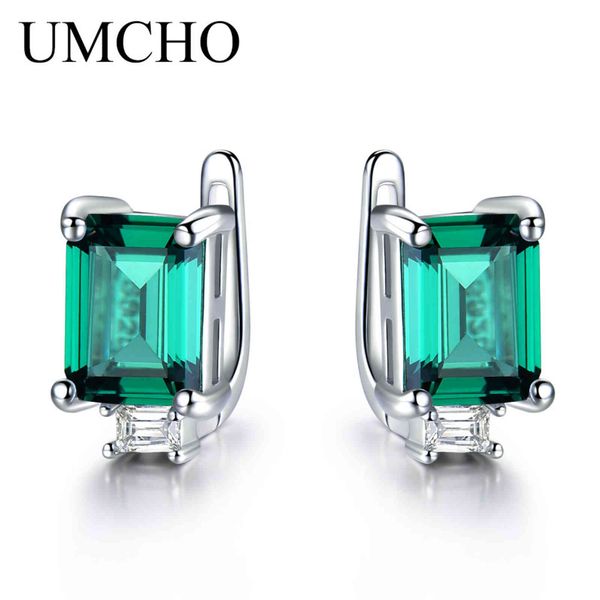 

umcho solid 925 sterling silver clip earrings for women luxury emerald green gemstone jewelry princess cut may birthstone gift, Golden