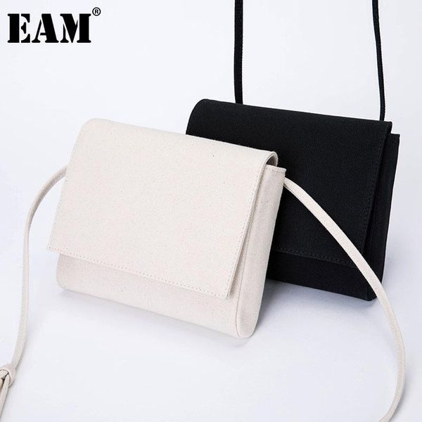 

shoulder bags [eam] women cotton canvas square pu leather flap personality all-match crossbody bag fashion tide 2021 18a1900
