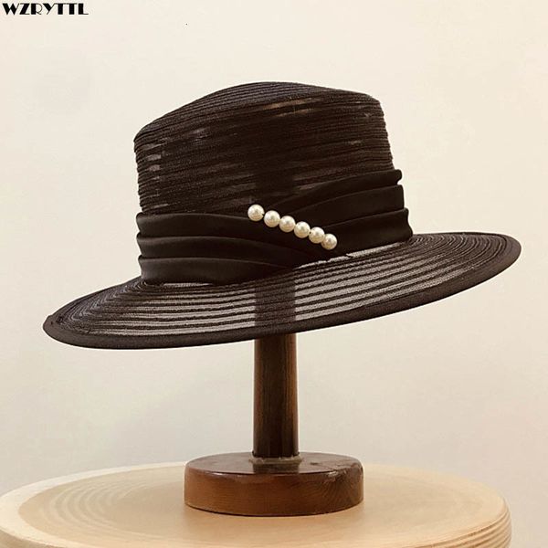 

2021 new elegant women hats pp satin breathable summer beach wide brim pearl ribbon ladies kentucky derby church wedding sun hat xtye, Blue;gray
