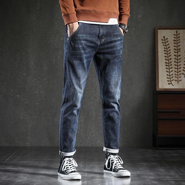 

fall/winter 2021 fool plus style korean men's jeans new popular logo stretch slim straight length casual pants, Blue