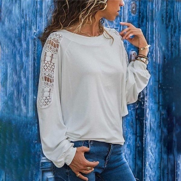 

women's t-shirt hollow solid color elegant casual long sleeve loose summer harajuku plus size aesthetic tunic, White