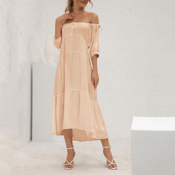 

casual dresses summer women lace-up dress solid short sleeve slash neck loose off shoulder beach sundress, Black;gray