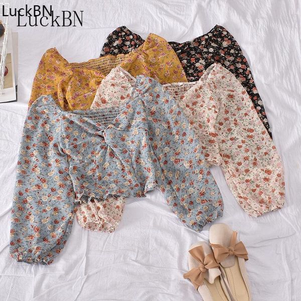 

women's blouses & shirts korean fashion boho beach print shirt women v-neck long puff sleeve ruffle short chiffon blouse female blusas, White
