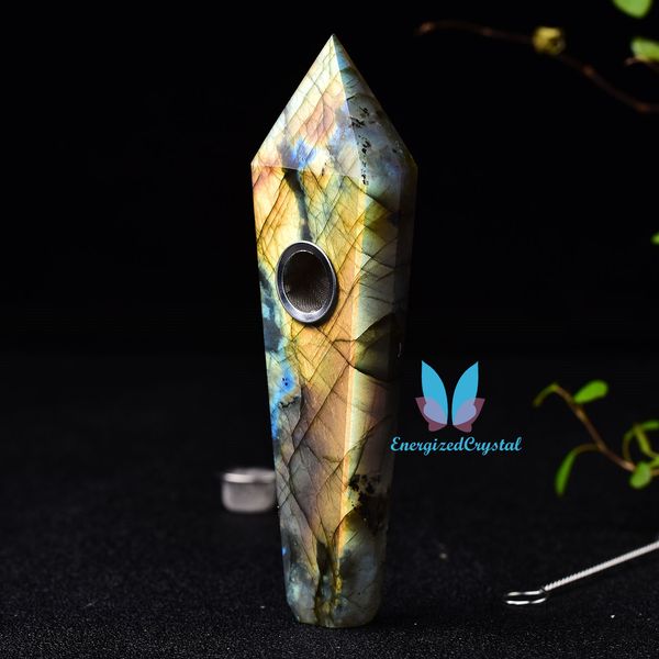 Incrível Labradorita de Labradorita Halo Sun Stone Quartz Crystal Pipe Smoking 3 Filtros