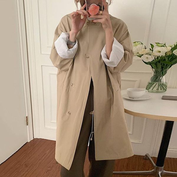 

women's trench coats [ewq] korea chic autumn minority lapel pocket single breasted loose casual medium and long windbreaker coat women, Tan;black