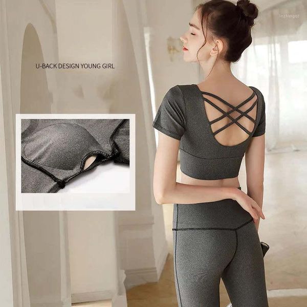 

yoga outfit women fitness with falsies bra pad workout training exercise gym sport running hiking short sleeve tee t shirts 15