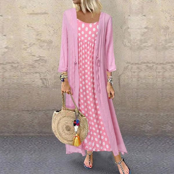 

casual dresses two pieces polka dot dress cardigan o-neck long sleeve cotton linen plus size women's summer sundress, Black;gray