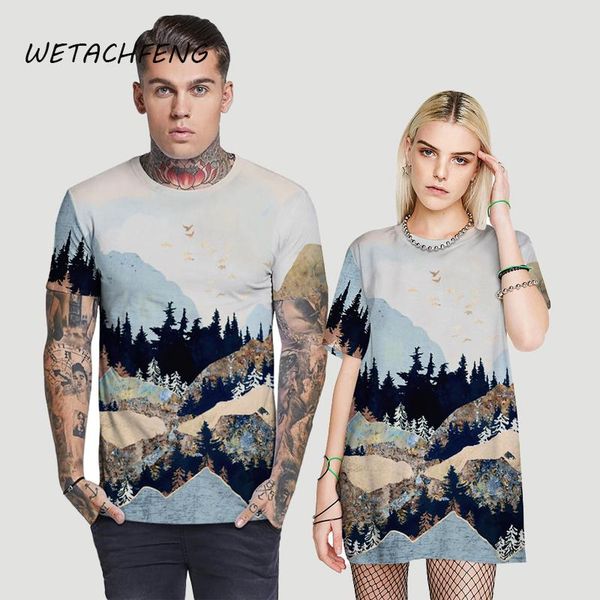 

women t-shirts summer couple 3d forest landscape ink painting t-shirts women short sleeve plus size tee shirt femme clothing, White