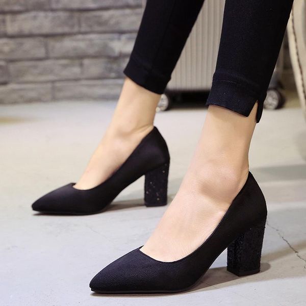 

dress shoes selling elegant woman sequin decoration thick high heels spring footwear big size women pointed toe work u18-92, Black