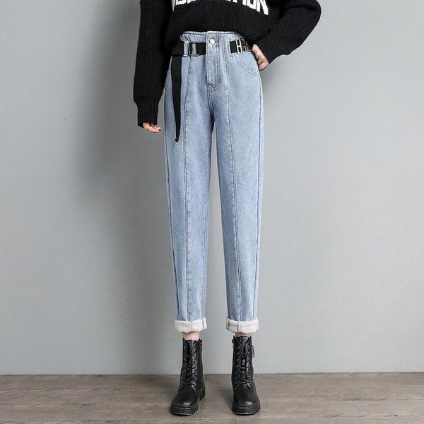 

women's jeans women autumn winter plus velvet thick warm casual elastic high waist harem trousers female loose fleece denim pants m140, Blue