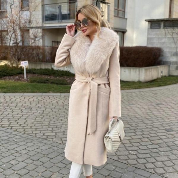 

women's fur & faux real collar cashmere coats 2021 winter fashion genuine whole skin wool blends coat with belt slim women, Black