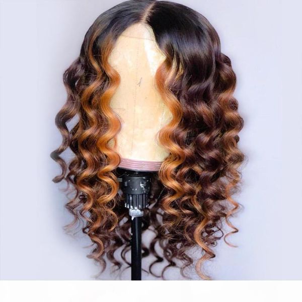 

ombre brown 13x6 deep part t-part lace front human hair wigs with baby hair 150% density non-remy, Black;brown