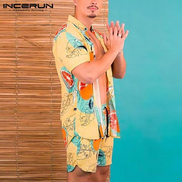 

men's tracksuits incerun men summer printed sets short sleeve lapel shirts drawstring shorts hawaiian beach suit man fashion foral plus, Gray
