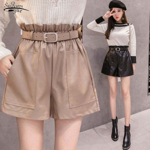 

short femme autumn winter women a-line elegant leather shorts solid bottoms wide-legged fashion high waist 6312 210521, White;black