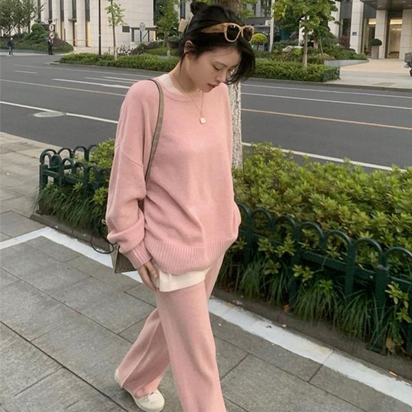 

women's two piece pants women casual 2 pieces knitted set long sleeve patchwork sweater trousers autumn winter female wide leg suit, White