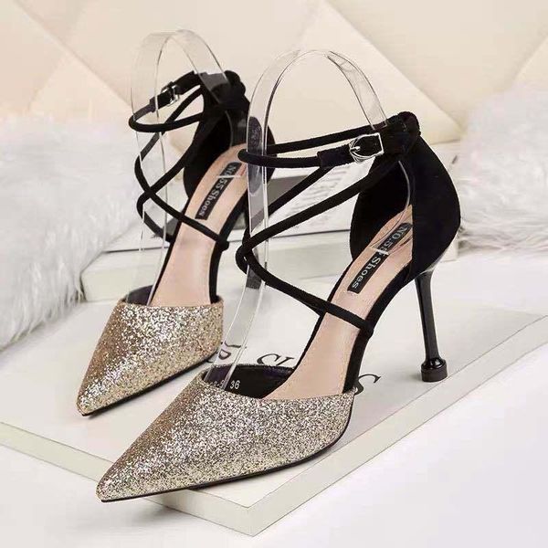 

dress shoes 2021 women's summer crystal sequined pointy high heels with thin and shallow hollow crossed female sandals., Black