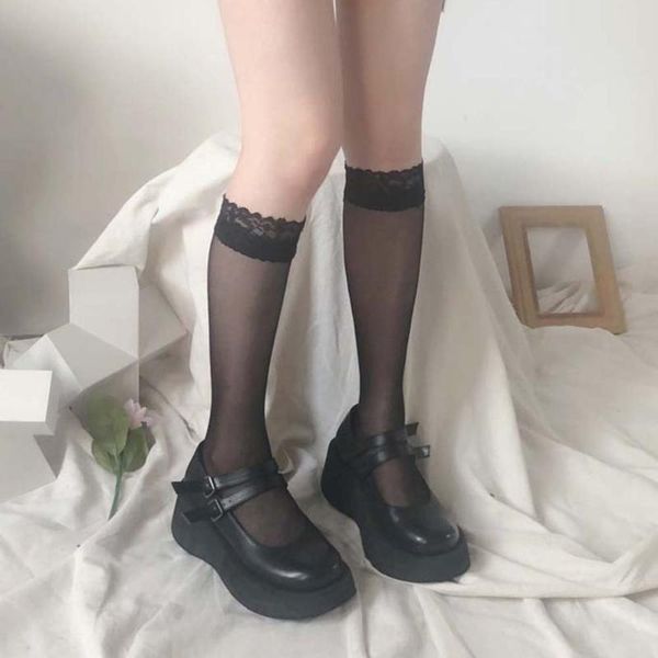 

socks & hosiery transparent summer elastic lolita thin nylon high knee lace long stocking, Black;white