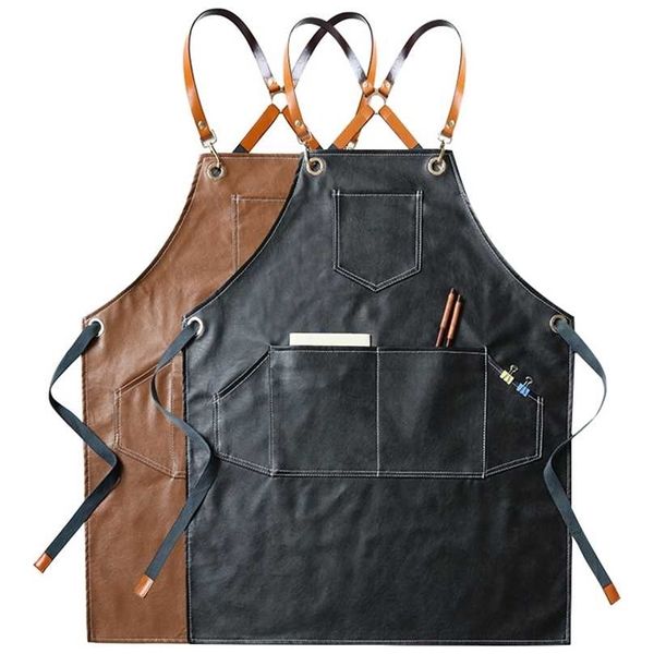 Pu de couro impermeável as mulheres homens aventais para acessórios de cozinha Café loja casa limpeza bib cozinhar bolso café pinafore 211222