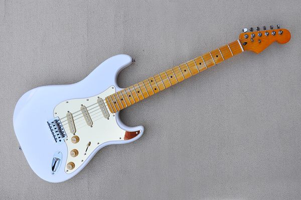 

factory custom white electric guitar with chrome hardware,yellow maple fretboard,gold pickguard,can be customized
