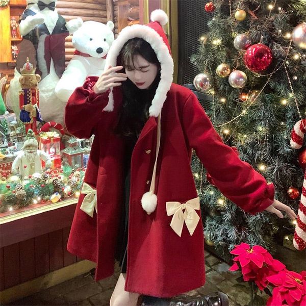 

women's wool & blends 2021 winter vintage women woolen jacket contrast color cute bow solid fur collar hooded christmas long cloak fema, Black