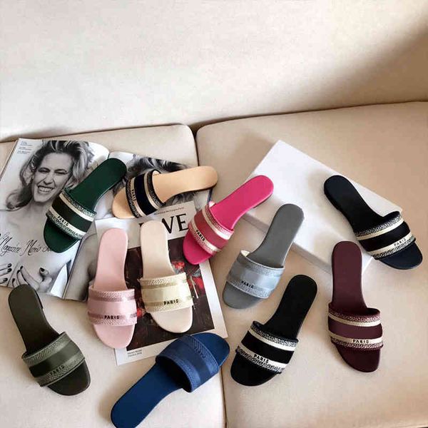 

2021 sandals d women rubber sole cotton embroidered flip-flops simple summer leather slippers variety of colors sizes yw, Black