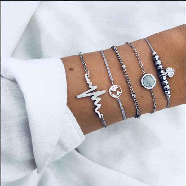 

charm bracelets bohemia map electrocardiogram heart beads bracelet sets for women chain jewelry drop, Golden;silver