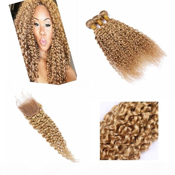 

indian raw hair bundles with closure blonde #27 color kinky curly virgin hair bundles with closure, Black;brown
