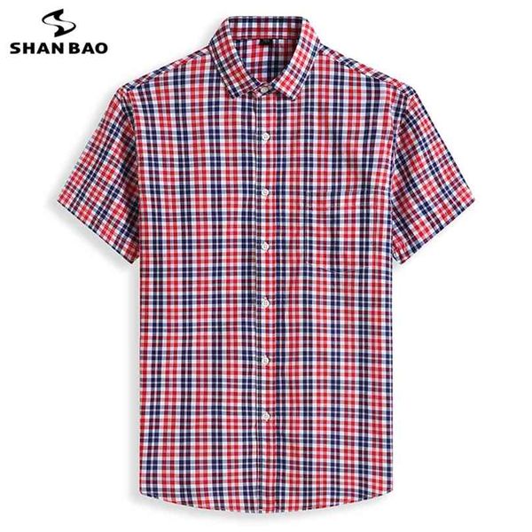 SHAN BAO Große Größe Lose Baumwolle Kurzarm Hemd Sommer Klassische Marke männer Plaid Rot Blau 5XL 6XL 7XL 8XL 10XL 210626