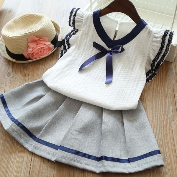 

clothing sets girls college style clothes summer kids bow flying sleeve t-shirt letter tutu skirt 2 piece 3-7 years suits, White