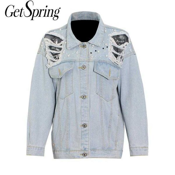 

getspring women denim coat jean jacket beading hole jackets long sleeve single breasted coats fashion woman 210601, Black;brown