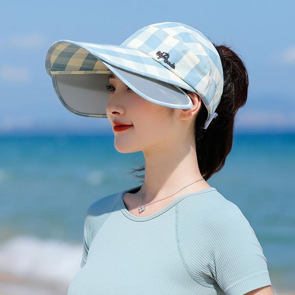 

wide brim hats summer women korean version of wild lattice fashion retractable pull plate empty cap outdoor sun hat, Blue;gray